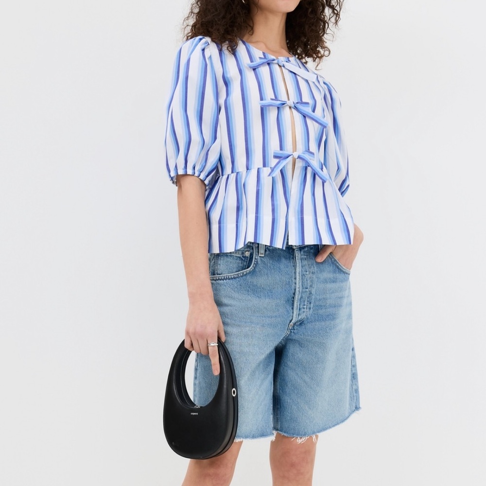 Never Worn** Ganni Blue Striped Cotton Poplin Peplum Tie Blouse